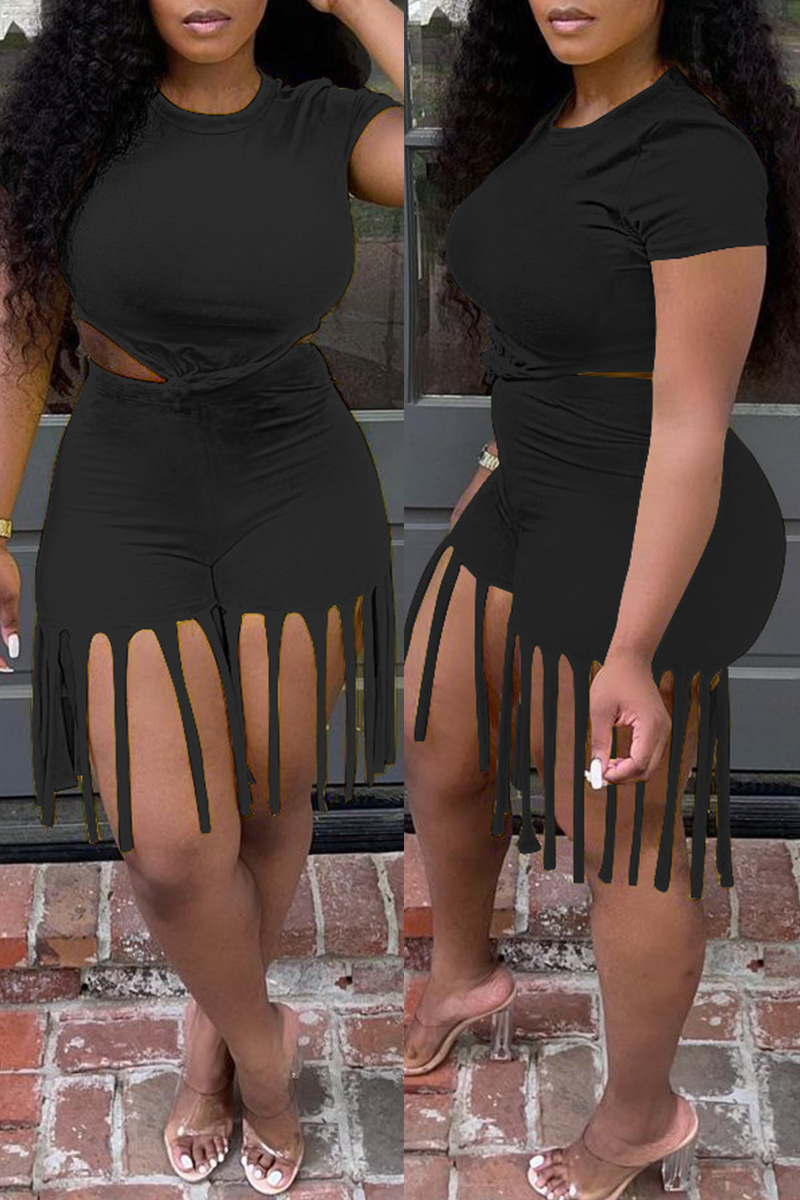 

Black Fashion Casual Solid Tassel O Neck Short Sleeve Two Pieces