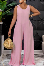 Pink Casual Solid Patchwork Frenulum Backless O Neck Straight Jumpsuits