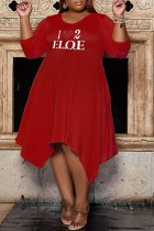 Red Fashion Casual Print Asymmetrical O Neck Long Sleeve Plus Size Dresses