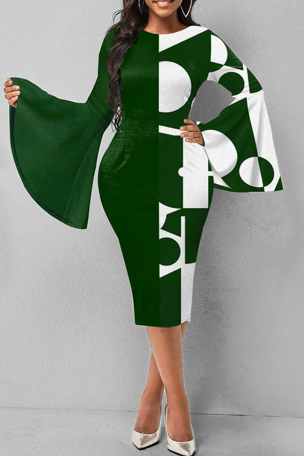 グリーン カジュアル エレガント プリント パッチワーク Oネック ワンステップ スカート ドレス