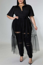 Schwarzes, modisches, lässiges, festes, durchsichtiges Patchwork-Kleid mit Umlegekragen und kurzen Ärmeln