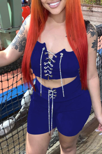 Blue Sexy Casual Solid Bandage Spaghetti Strap Sleeveless Two Pieces