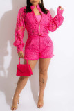 Rose Red Sexy Sweet Solid Hollowed Out Patchwork See-through Zipper Collar Long Sleeve Two Pieces
