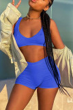 Blue Sexy Casual Sportswear Solid Backless V Neck Sleeveless Two Pieces
