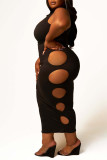 Black Sexy Solid Hollowed Out Patchwork O Neck One Step Skirt Plus Size Dresses