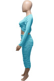 Light Blue Sexy Casual Solid Fold O Neck Long Sleeve Two Pieces