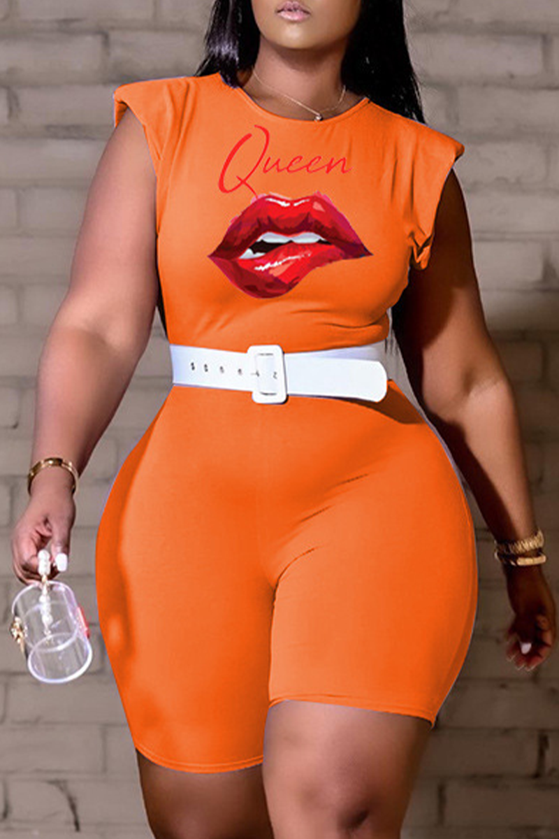 

Orange Casual Lips Printed Split Joint O Neck Skinny Jumpsuits