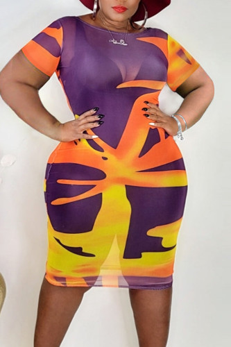 Purple Sexy Print Patchwork O Neck One Step Skirt Plus Size Dresses