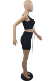 Black Sexy Casual Solid Bandage Spaghetti Strap Sleeveless Two Pieces