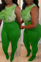 Зеленый модный сексуальный принт с круглым вырезом без рукавов из двух частей
