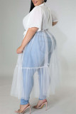 Vestido branco fashion casual plus size sólido patchwork transparente com gola aberta manga curta