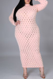 Rosa sexig solid urholkad genomskinlig halv turtleneck långärmad klänningar i plusstorlek