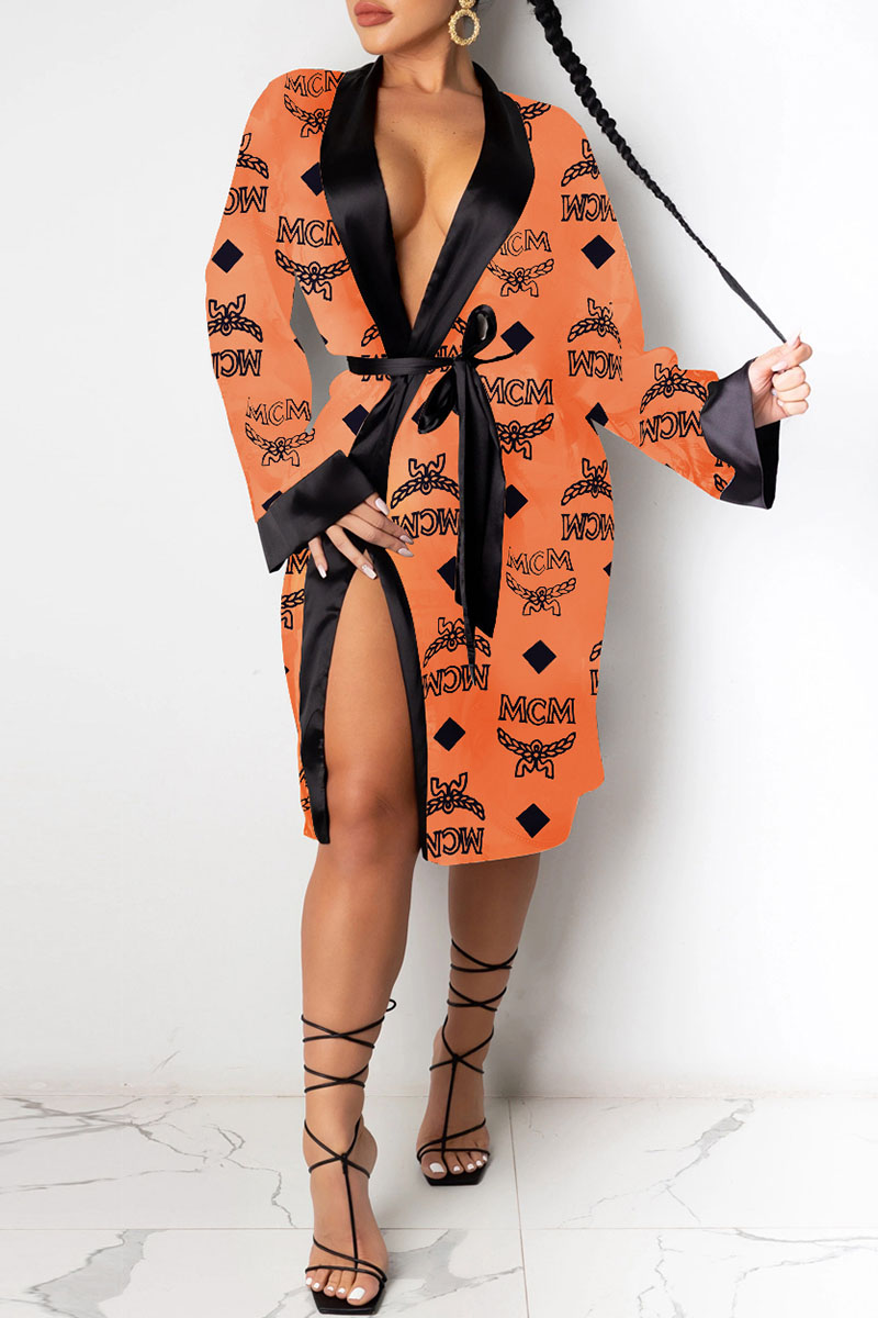 

Orange Fashion Sexy Print Split Joint With Belt Sleepwear