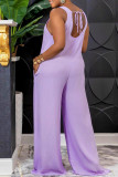 Pink Casual Solid Patchwork Frenulum Backless O Neck Straight Jumpsuits