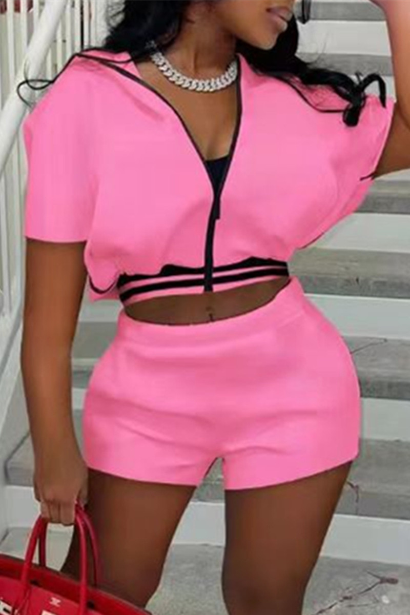 

Pink Fashion Casual Solid Split Joint Zipper Collar Short Sleeve Two Pieces