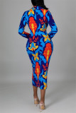 Multicolor Fashion Casual Print Basic Turndown Collar Long Sleeve Dresses