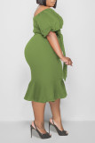 Green Casual Solid Patchwork Flounce Straight Plus Size Dresses