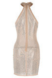 Абрикосовое сексуальное сплошное лоскутное прозрачное горячее сверло с круглым вырезом юбка-карандаш платья