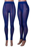 Синие сексуальные сплошные сетчатые узкие однотонные штаны с высокой талией