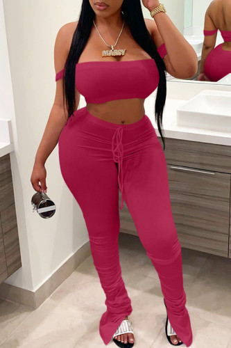 Burgundy Fashion Sexy Solid Backless Strapless Sleeveless Two Pieces