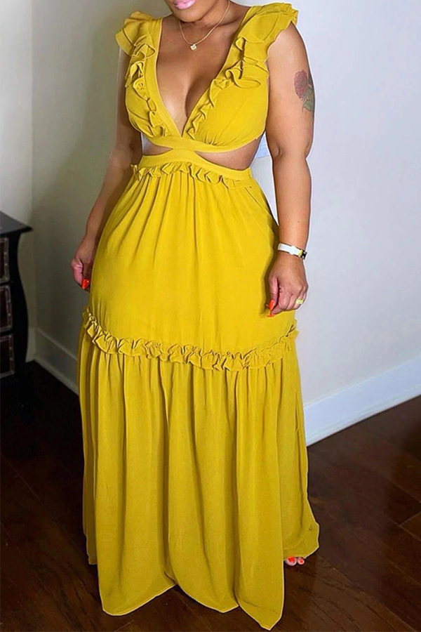 Vestidos de falda de pastel con cuello en V de volante sólido sexy amarillo