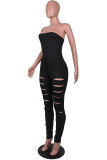 Zwarte sexy casual effen gescheurde rugloze strapless skinny jumpsuits