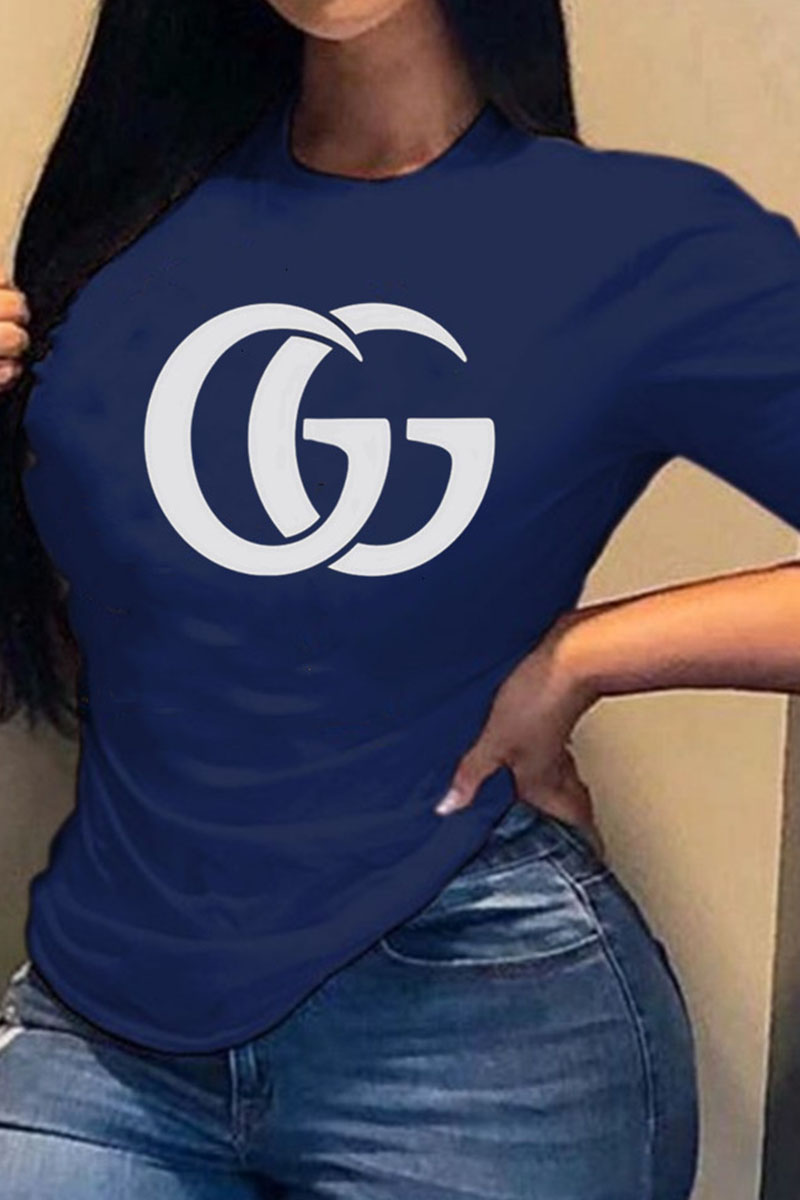 

Navy Blue Fashion Casual Print Letter O Neck T-Shirts