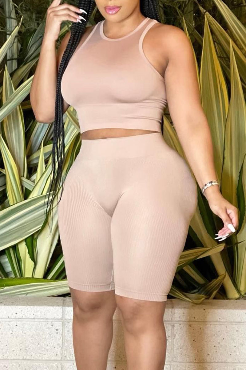

Apricot Casual Solid Split Joint O Neck Sleeveless Two Pieces