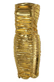 Goudgele sexy effen vouw strapless mouwloze jurk