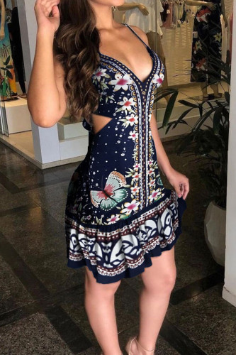 Tibetan Blue Sexy Print Hollowed Out Patchwork Spaghetti Strap Printed Dress Dresses