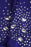 Azul Moda Patchwork Perforación en caliente Transparente Medio cuello alto Vestidos de manga larga