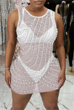 Белое модное сексуальное горячее сверление прозрачное платье без рукавов с круглым вырезом и бисером