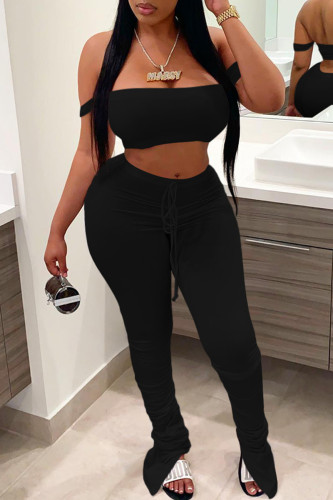 Black Fashion Sexy Solid Backless Strapless Sleeveless Two Pieces