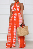 Tangerine Red Sexy Print Patchwork Backless Neckholder Straight Jumpsuits