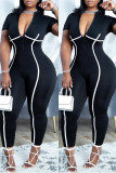 Black Fashion Casual Solid Patchwork Zipper Collar Skinny Jumpsuits
