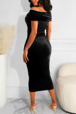Black Elegant Solid Patchwork Off the Shoulder One Step Skirt Dresses