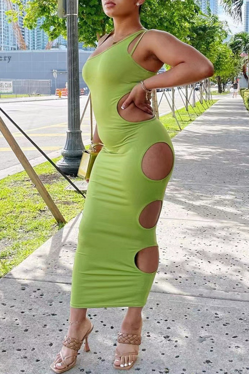 

Fruit Green Fashion Sexy Solid Hollowed Out Backless One Shoulder Sleeveless Dress