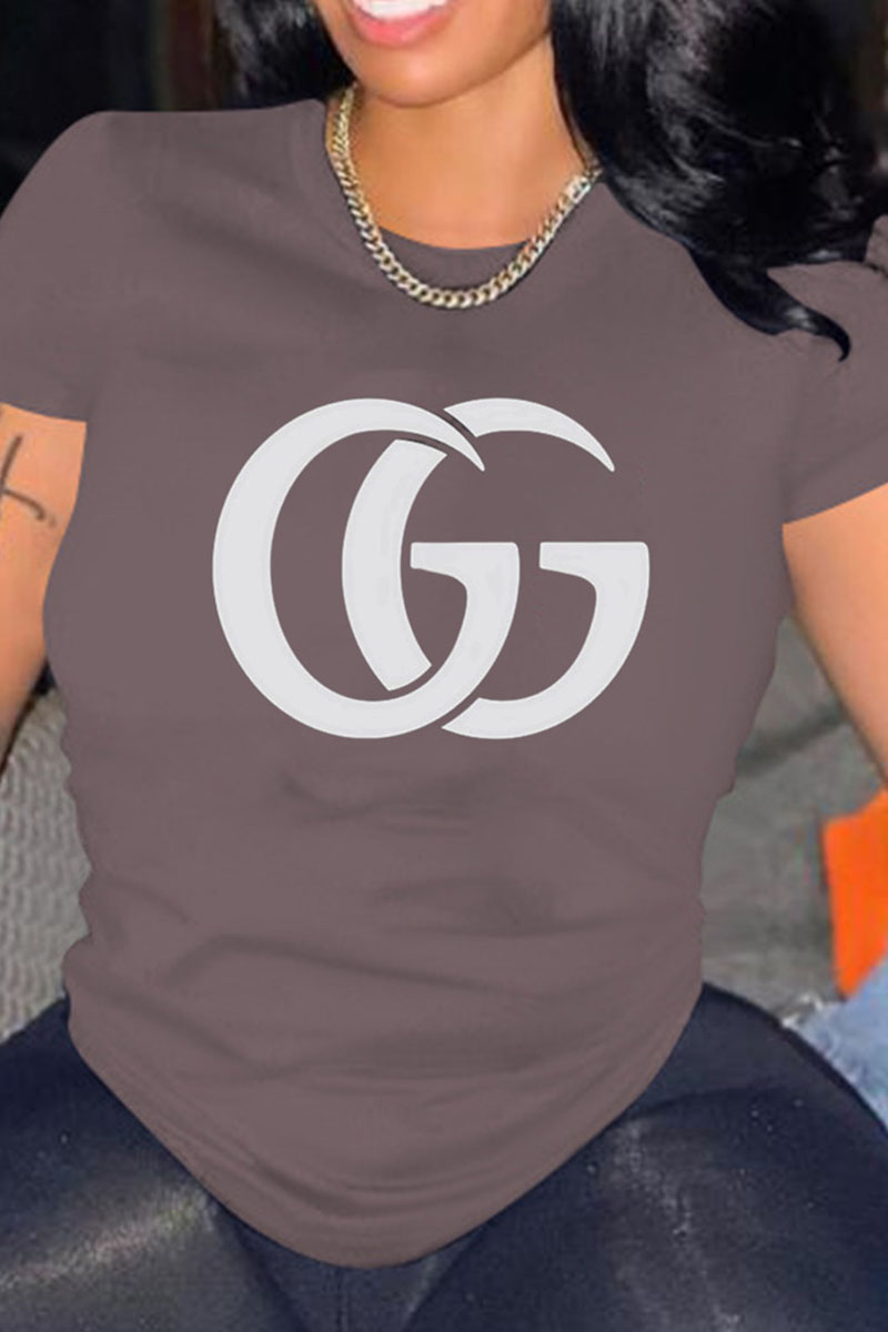 

Coffee Fashion Casual Print Letter O Neck T-Shirts