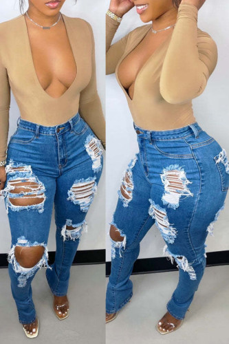 Blue Sexy Street Solid Ripped Make Old Split Joint High Waist Denim Jeans