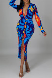 Многоцветные модные повседневные платья с отложным воротником и длинным рукавом с принтом