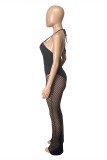 Black Fashion Sexy Patchwork Hollowed Out See-through Backless Halter Regular Jumpsuits
