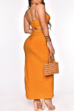 Tangerine Red Sexy Solid Hollowed Out Patchwork Slit Spaghetti Strap Sleeveless Two Pieces