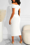 ホワイトのエレガントなソリッドパッチワークオフショルダーワンステップスカートドレス