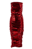 赤のセクシーなソリッドフォールドストラップレスノースリーブドレス