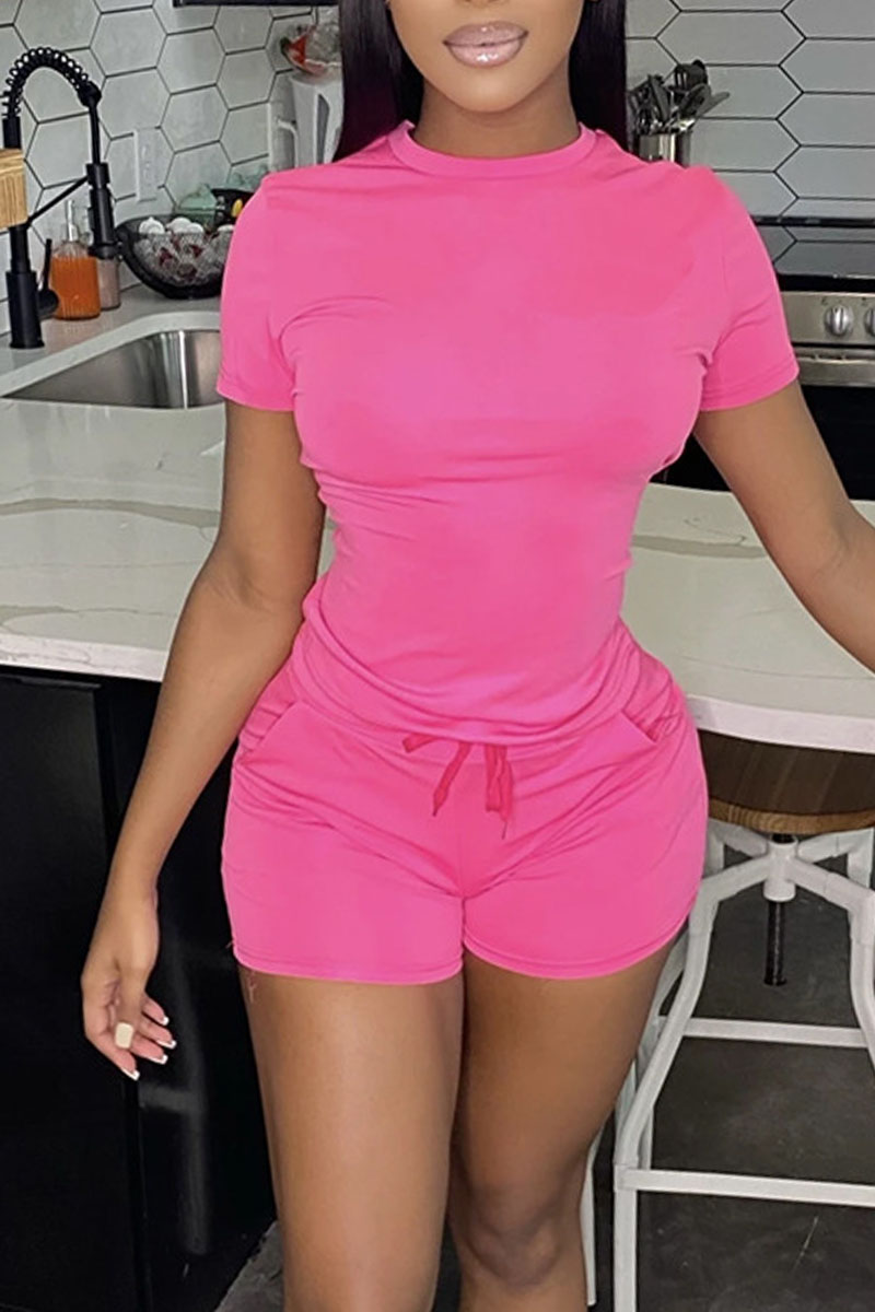 

Pink Casual Solid Patchwork O Neck Short Sleeve Two Pieces