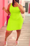 Fluorescent Green Sexy Solid Patchwork O Neck Pencil Skirt Plus Size Dresses