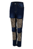 Deep Blue Street Print Leopard Hollow Out Patchwork Vanliga jeans med hög midja