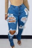 Blauwe sexy straat effen gescheurde jeans met oude patchwork hoge taille