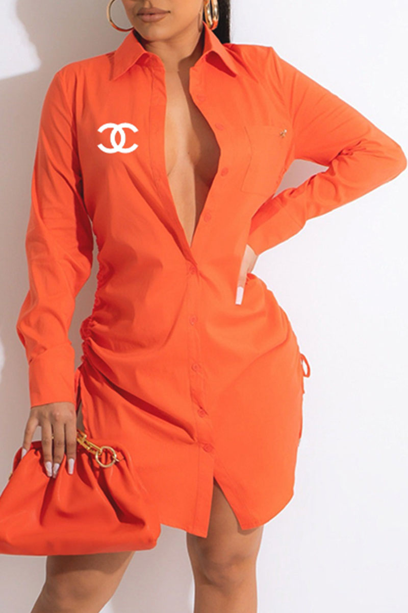 

Orange Fashion Street Print Letter Turndown Collar Shirt Dress Dresses