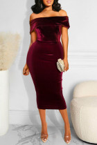 Burgundy Elegant Solid Patchwork Off the Shoulder One Step Skirt Dresses